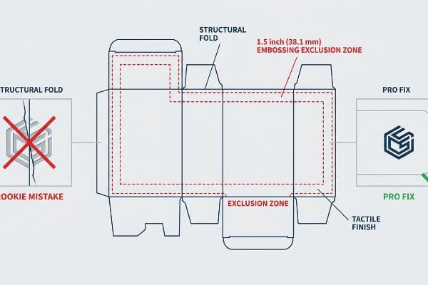 A carton dieline diagram highlights a 1.5 inch (38.1 mm) Embossing Exclusion Zone, separating tactile finishes from Structural Folds to avoid Rookie Mistakes.