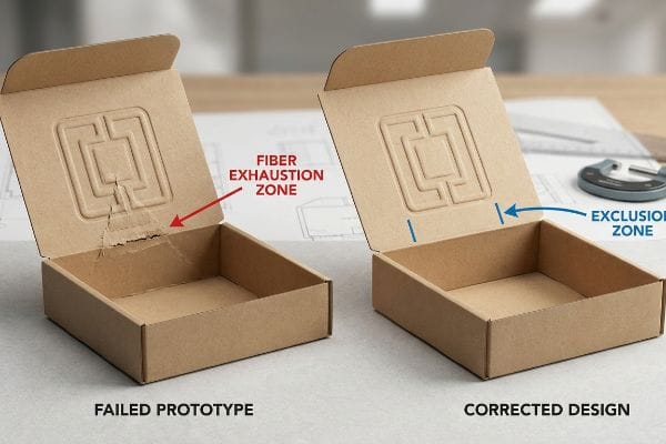 Brown corrugated cardboard boxes comparing a Failed Prototype with Fiber Exhaustion Zone tearing to a Corrected Design showing an Exclusion Zone for embossing.