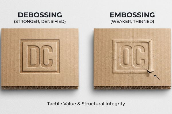 Corrugated cardboard shows Debossing (Stronger, Densified) vs. Embossing (Weaker, Thinned) with micro-fractures, impacting structural integrity.