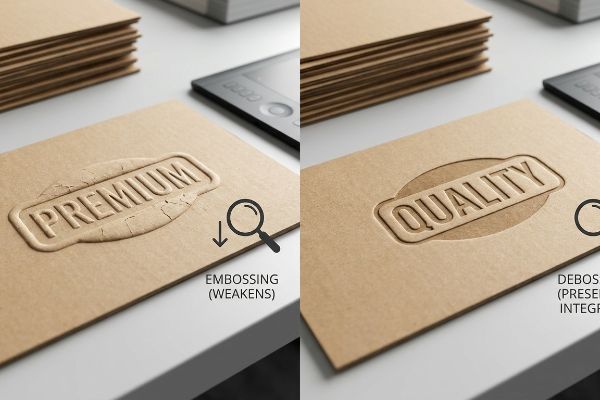 Embossed Premium text on kraft paper shows visible cracks, with a magnifying glass and text Embossing (Weakens).
