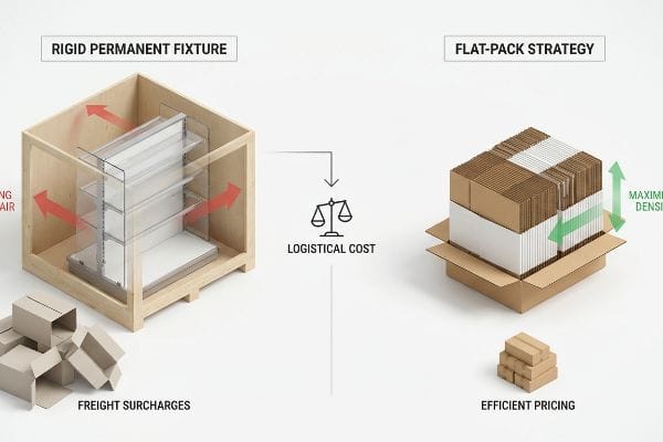 A detailed comparison illustrates Logistical Cost, contrasting a Rigid Permanent Fixture with empty air and Freight Surcharges against a Flat-Pack Strategy with Maximized Density and Efficient Pricing.