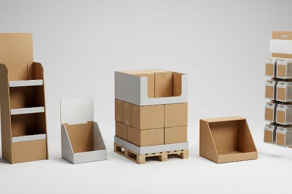 Various empty cardboard retail displays, including a floor stand, countertop unit, pallet build, shelf-ready tray, and hang tab display, on a white background.