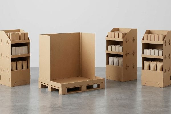 Natural brown corrugated cardboard half pallet display stands empty, flanked by two filled floor-standing retail merchandisers.