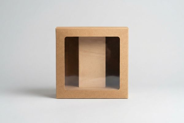 Boîte vitrine en carton kraft brun avec fenêtre transparente, vide et prête à recevoir des produits destinés à la vente au détail.