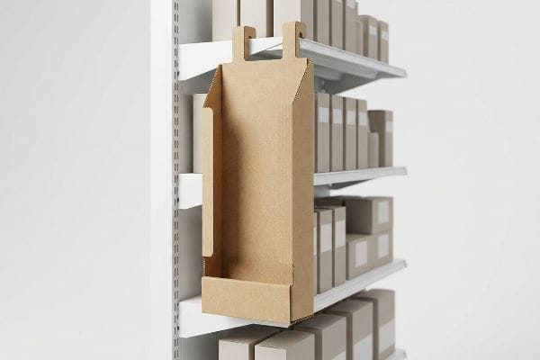 An empty brown corrugated sidekick display hangs on a white retail shelving unit, ready for product merchandising.