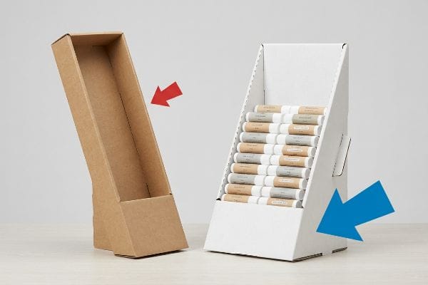 Expositor de balcão vazio em papel kraft marrom e expositor de ponto de venda em papelão ondulado branco cheio de tubos de protetor labial.
