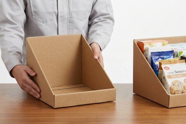 PDQ-Display aus natürlichem Kraftkarton, konzipiert für schnellen Aufbau, wird von Hand auf einem Tisch neben einem bestückten Verkaufsdisplay gehalten.