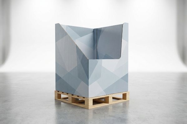 Cardboard quarter pallet display with blue geometric pattern on wooden pallet, ideal for retail merchandising.