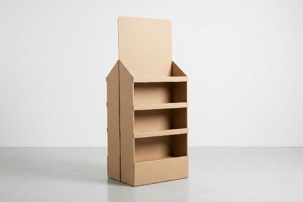 An empty corrugated cardboard FSDU stands ready for retail merchandising, featuring three shelves and a top header.
