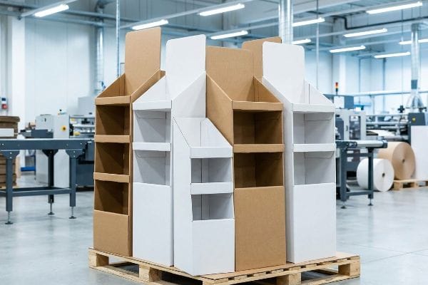 A warehouse floor features empty custom cardboard displays, white and brown, on a wooden pallet for retail merchandising.
