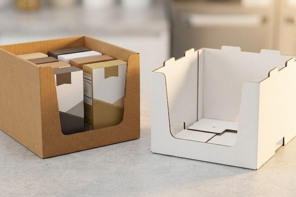 Dos bandejas expositoras de cartón corrugado, una bandeja PDQ marrón llena de cajas de productos y una bandeja expositora de mostrador blanca vacía.