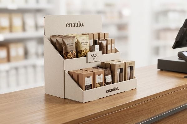Présentoir de point de vente en carton brun clair présentant la marque « enaulo », des sachets « Gourmet Snack » et de petites boîtes de produits, au prix de 5,00 $ chacune, sur un comptoir en bois.
