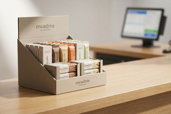 Encadroa paperboard counter display unit with snack bars on a wooden retail counter, near a POS system.