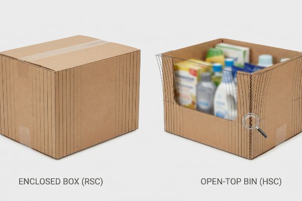 Brown corrugated boxes, an Enclosed Box (RSC) and an Open-Top Bin (HSC) with blurred products, demonstrate shelf-ready packaging.