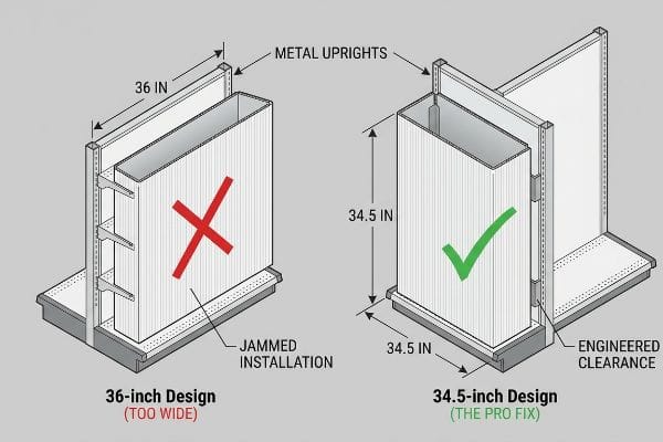 Isometric diagram compares a 36-inch (Too Wide) corrugated end cap insert, shown jammed against Metal Uprights, with a 34.5-inch (The Pro Fix) design demonstrating Engineered Clearance.