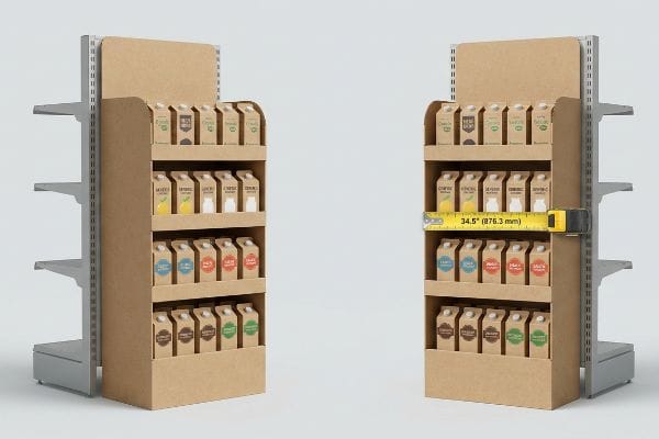 Corrugated cardboard end cap display showing 34.5 inches (876.3 mm) width, crucial for retail gondola compliance.
