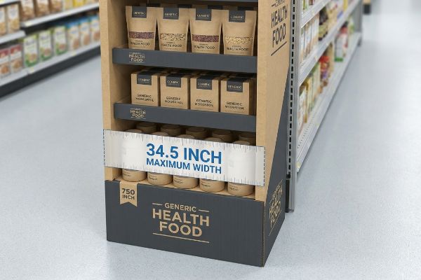 Cardboard end cap display showcasing Generic Health Food products, featuring a 34.5 Inch Maximum Width banner for retail compliance.