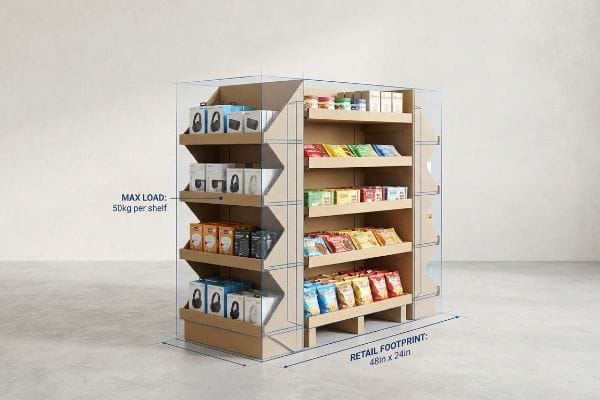 Cardboard retail end cap display with electronics and snacks. Features Max Load: 50kg per shelf, Retail Footprint: 48in x 24in.