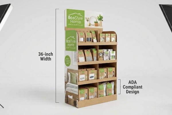 This EcoStyle Home cardboard end cap display, measuring 36-inch width, showcases various packaged products with an ADA compliant design.