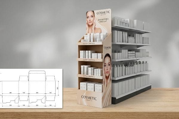 An engineered end cap display for Cosmetic products, showcasing a cardboard merchandising unit with custom graphics and a technical dieline drawing.