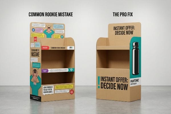 Cardboard end cap displays: 'Rookie Mistake' (cluttered) vs. 'Pro Fix' ('Instant Offer: Decide Now', Pantone).