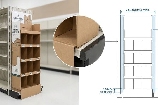 Natural corrugated endcap display with 34.5-inch max width and 1.5-inch clearance, featuring Custom Docboxes branding.
