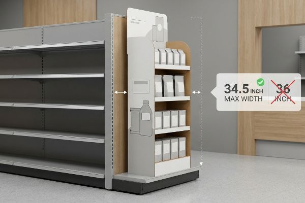 Retail endcap display illustrating the ideal 34.5 Inch Max Width with a green check, rejecting the 36 Inch, positioned beside a standard gondola.