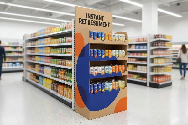 Cardboard endcap display with 'Instant Refreshment' sign, blue and orange graphics, showcasing various canned beverages in a supermarket aisle.