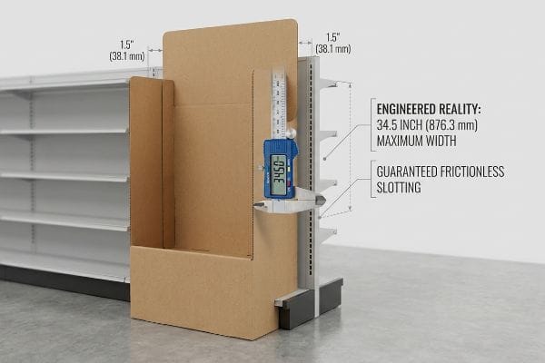 Brown corrugated endcap display measured at 34.5 inches (876.3 mm) by a digital caliper, showing a 1.5-inch (38.1 mm) buffer for Guaranteed Frictionless Slotting.