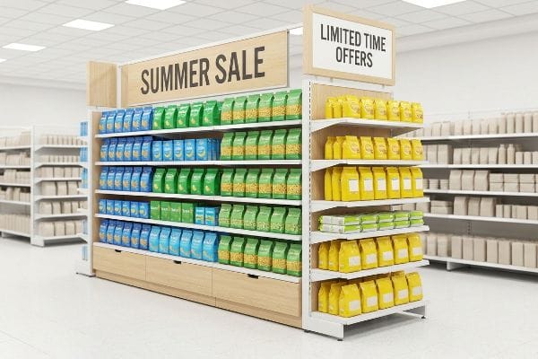 小売店エンドキャップディスプレイセール 木製と白い金属製の小売店用エンドキャップディスプレイ。青、緑、黄色のカラーブロックでパッケージされた商品が、「サマーセール」と「期間限定オファー」を宣伝している。.