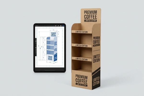An endcap display design process featuring a brown cardboard Premium Coffee Limited Edition display next to a tablet showing its blueprint with dimensional calculations.