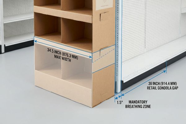 Multi-shelf cardboard endcap display, 34.5 Inch Max Width, positioned with a 1.5 Inch Mandatory Breathing Zone from a 36 Inch Retail Gondola Gap.