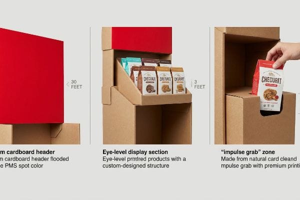 Endcap Spatial Engagement Zones Natural cardboard endcap display with a red PMS spot color header for 30-foot visibility, eye-level Checurit products for 3-foot engagement, and an impulse grab zone.