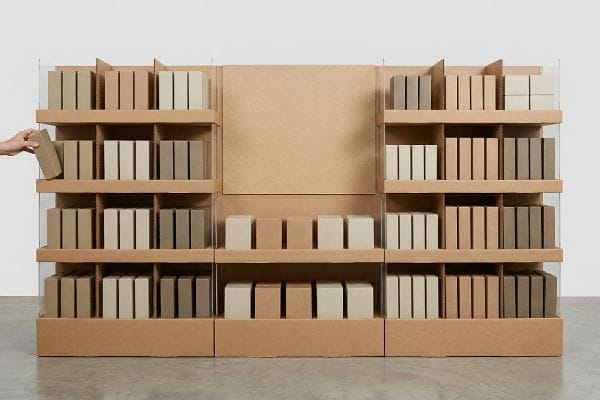 Natural corrugated cardboard endcap display with modular shelves, holding retail-ready boxes in 3-5-7 groupings, demonstrating efficient restocking.