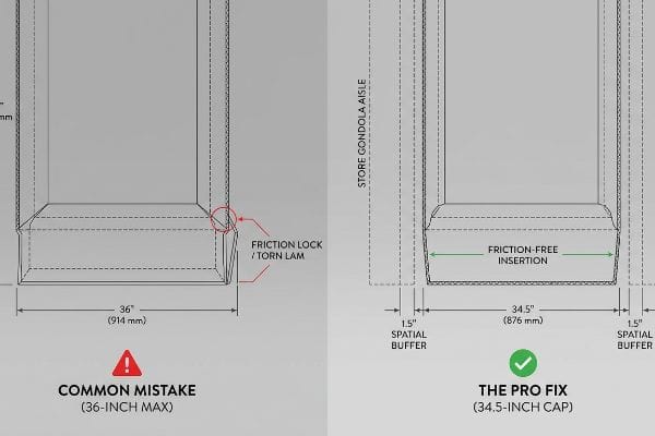 Endcap display diagram: 36-inch causes friction. 34.5-inch with 1.5-inch spatial buffer for friction-free insertion.