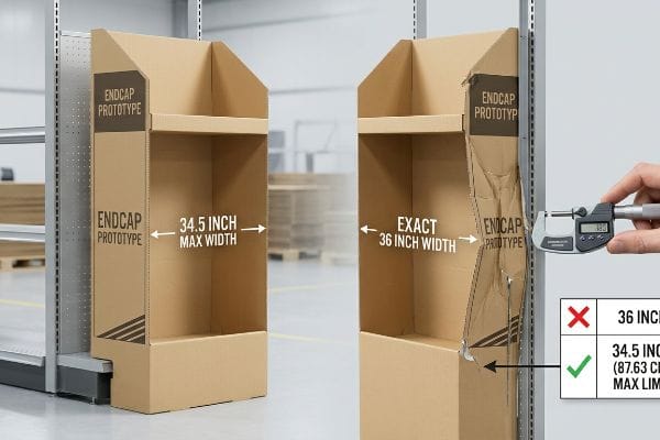 Anhand von Prototypen aus Kartonendkappen lässt sich feststellen, dass eine maximale Breite von 34,5 Zoll perfekt passt, während eine 36 Zoll breite Einheit, gemessen mit einem Mikrometer, zerdrückt wird.