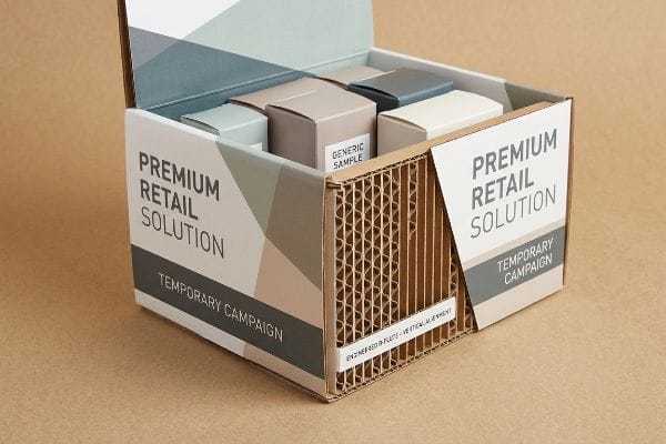 Engineered B-flute corrugated display box for a Premium Retail Solution Temporary Campaign, with vertical alignment and Generic Sample boxes.