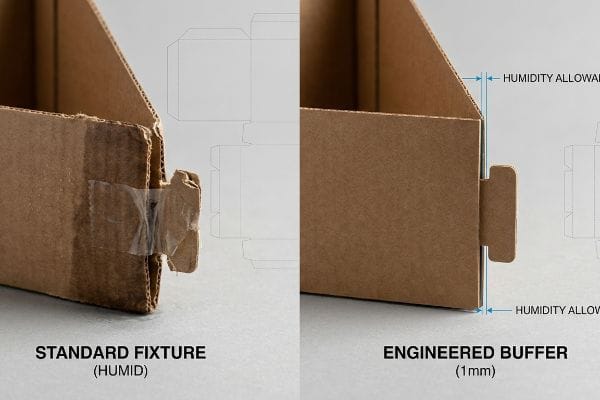 Brown corrugated cardboard shows a Standard Fixture (Humid) with a torn, taped tab, contrasted with an Engineered Buffer (1mm) tab featuring a Humidity Allowance.