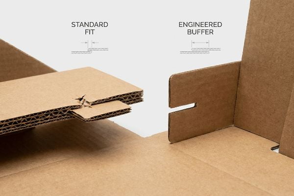 Brown corrugated cardboard sections demonstrate slot tolerances, contrasting a 