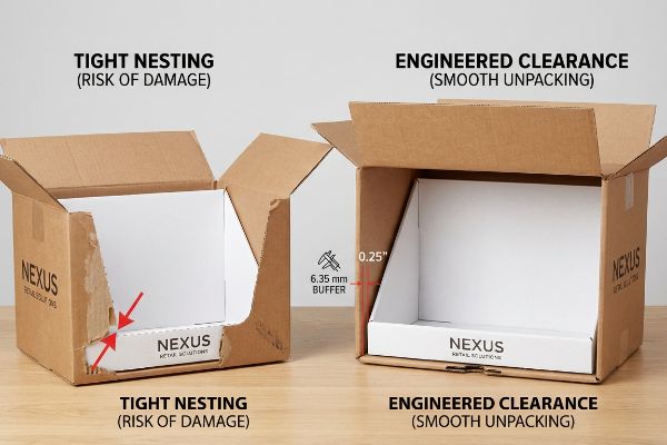 Corrugated cardboard boxes demonstrate packaging design, contrasting a damaged