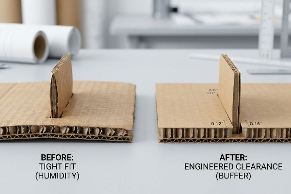 Corrugated cardboard comparison: 'Before' a tight, humidity-swelled slot, 'After' an engineered 0.16