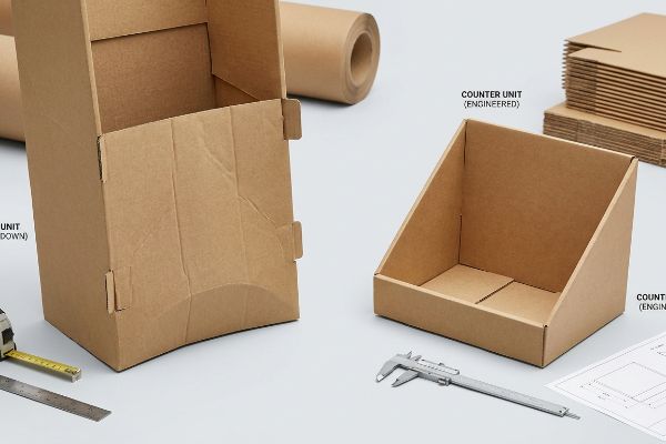 Corrugated cardboard display units, including an engineered counter unit and a larger box, with a tape measure and caliper for precision.