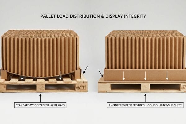 Répartition de la charge sur palette et intégrité de l'affichage : présentation en carton ondulé s'affaissant sur un plateau en bois standard - larges espaces, contrairement à une présentation stable sur un plateau technique - Surface solide/feuille de glissement.