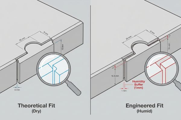 Diagram compares Theoretical Fit (Dry) 0mm gap to Engineered Fit (Humid) with 1mm Humidity Buffer for interlocking tabs.