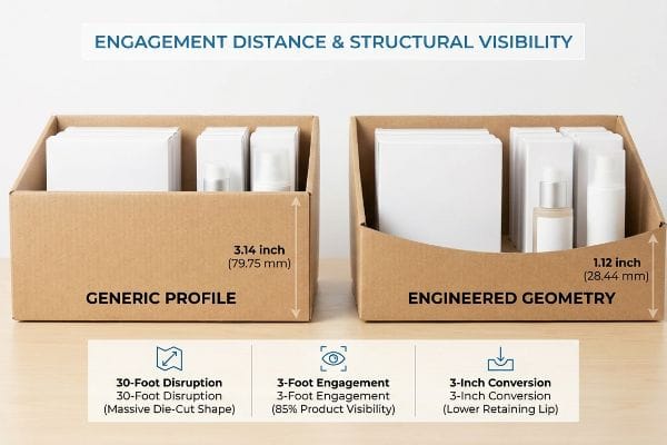 Cardboard retail trays compare 3.14-inch generic lip to 1.12-inch engineered lip, improving product visibility for Engagement Distance & Structural Visibility.