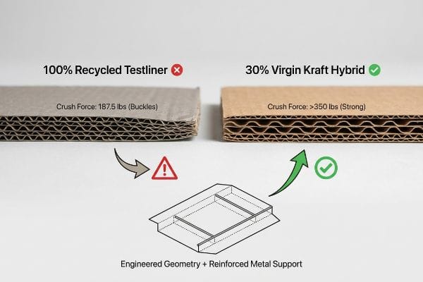 Corrugated board comparison: 100% Recycled Testliner (187.5 lbs) versus 30% Virgin Kraft Hybrid (>350 lbs) with Engineered Geometry + Reinforced Metal Support.
