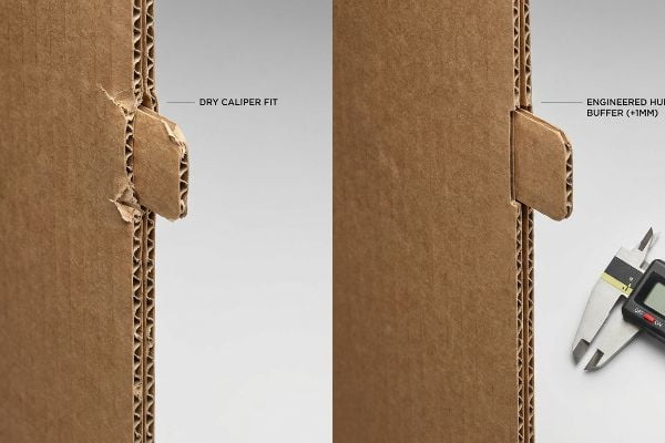 Corrugated board tabs comparing a torn Dry Caliper Fit to a clean Engineered Humidity Buffer (+1mm) slot, measured by a digital caliper for precision packaging.