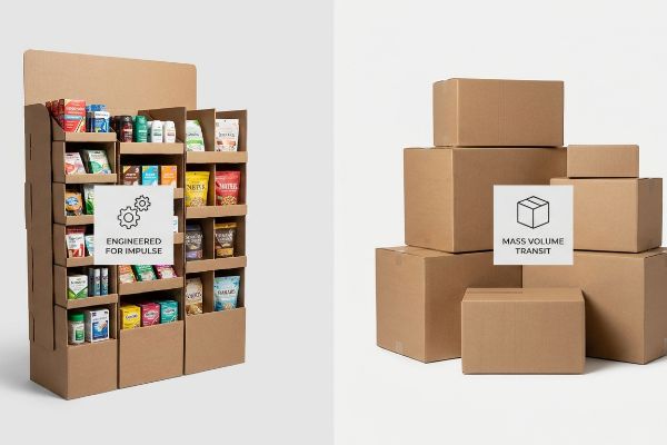 Comparing a multi-tiered cardboard retail display ('Engineered For Impulse') with brown shipping boxes ('Mass Volume Transit').