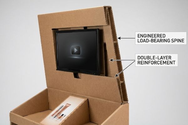 Corrugated cardboard display with an embedded monitor, featuring an Engineered Load-Bearing Spine and Double-Layer Reinforcement for a cosmetics product.