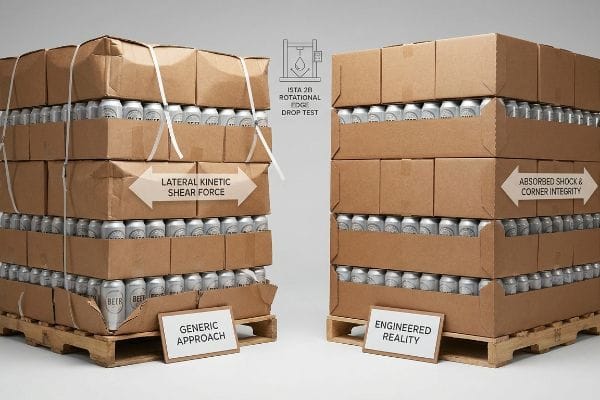 Brown corrugated boxes of beer cans on pallets, contrasting a Generic Approach with Lateral Kinetic Shear Force against Engineered Reality with Absorbed Shock & Corner Integrity from an ISTA 2B Rotational Edge Drop Test.